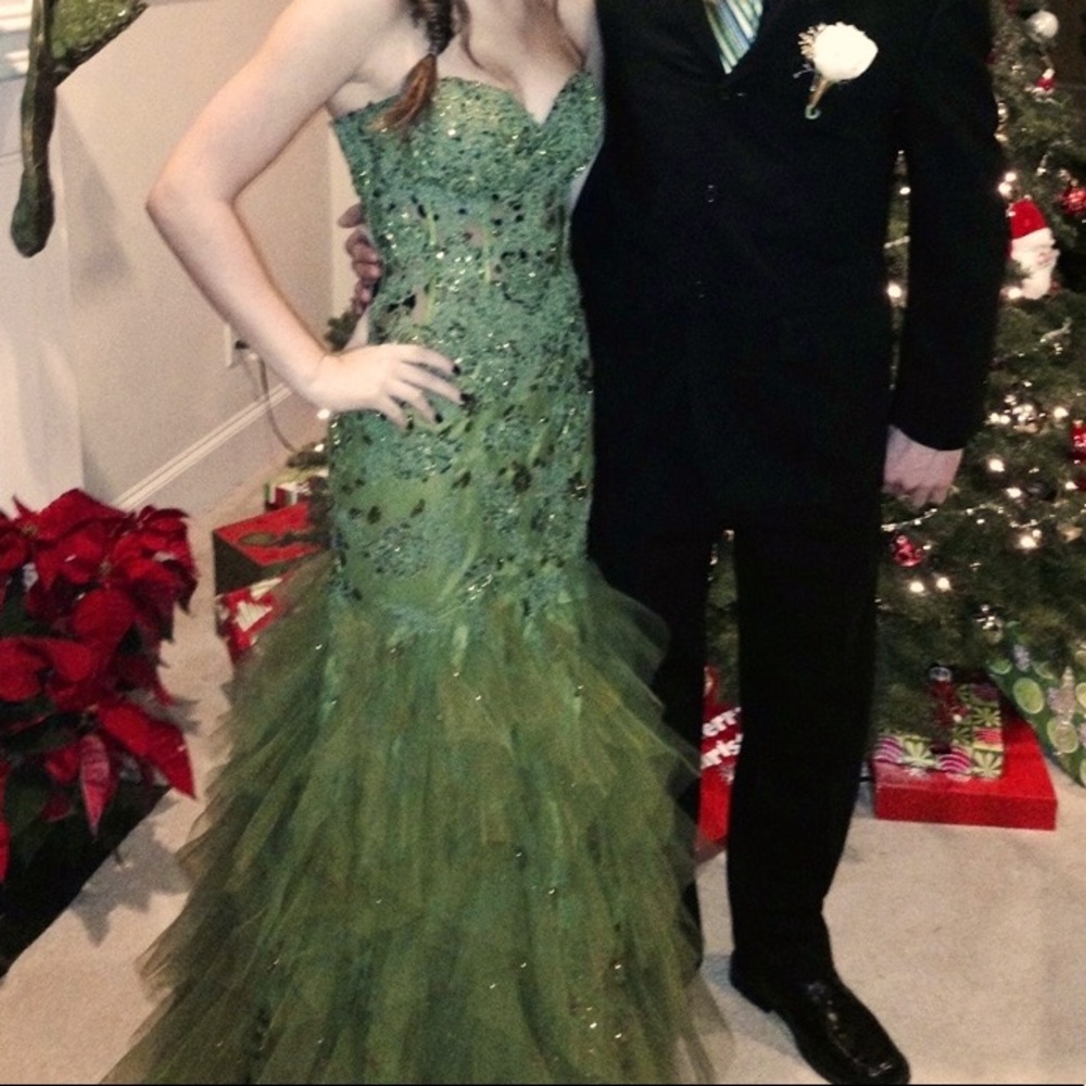 Olive Green Mermaid Jovani Strapless Gown